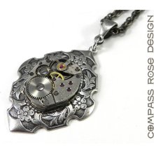 Steampunk Necklace Jewelry Petite Upcycled Antique 17 Jewel Gruen Watch Movement on Silver Victorian Revival Pendant