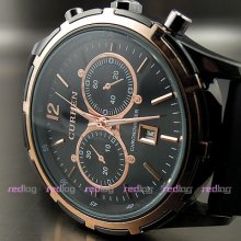 Steel Water Elegant Quartz Hours Hand Date Black Rubber Men Wrist Watch W099