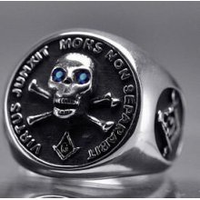 Sterling Silver free mason Masonic Ring Skull Sapphire