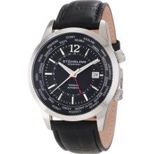 Stuhrling 277 Men's Explorer Auto World Time Date Black/silvertone Leather Watch