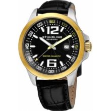 Stuhrling Original 219C.331530 Mens Swiss Quart Stainless Steel Case with Black Dial-Gold Bezel on Black Leather Strap