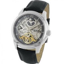 Stuhrling Original 263.33153 Mens Tempest Dual Time Zone on a Black Leather Strapandamp;#44; Stainless Steel and Gold Tone Case with Black Dial