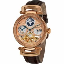 Stuhrling Original 353A.334K14 Mens Magistrate Rose Tone Case with Rose Tone Skeletonized Dialand Brown Genuine Leather Strap Watch
