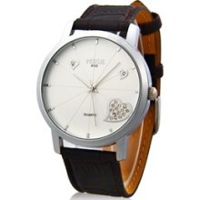 Stylish Women's Jeweled Heart Analog Watch with Faux Leather Strap (Brown)