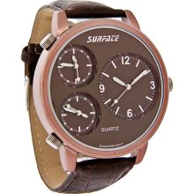 Surface Mens XL Three Time Zone Copper Finish Brown Leather Quartz Watch 32051