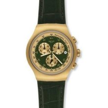 Swatch Mens' Golden Hide Green Round Case Leather Band Chrono Watch Yog406