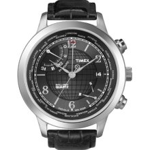 Timex Intelligent Quartz Men's World Time Watch With Black Dial Analogue Display And Black Leather - T2n609