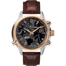 Timex Intelligent Quartz World Time, Rose Gold Accents, Black Dial, Brown Leather Strap - T2n942