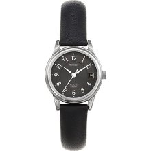 Timex Ladies Calendar Date Watch with Round Black Dial & Black Leather Band
