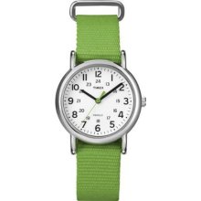 Timex Womens T2n835 Weekender Mid-size Slip Thru Strap Nylon Green Watch Wristwa