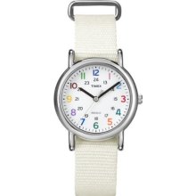 Timex Women's T2N837 Weekender Mid-Size Slip-Thru White Nylon Strap Watch