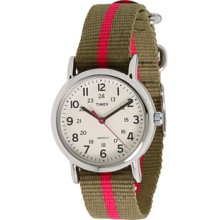 Timex Women's Weekender Watch, Olive/Pink Stripe Nylon Strap
