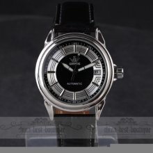 Top Fashion Calendar Clock Men's Mechanical Auto Pu Leather Analog Wrist Watch