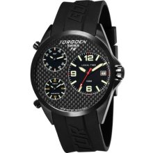 Torgoen Swiss T08304 Men's 45.5Mm Aviation Watch With Triple Time Zone, Carbon Fibre Dial And Black Pu Strap