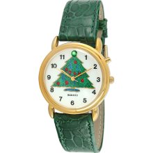 Trax Christmas Tree Musical Green Leather Strap Watch (Silver Dial Watch Sport Bezel)