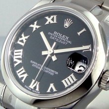 Unworn Rolex 31 Mm Mid Size Steel Datejust Oyster Bracelet Black Roman 178240