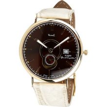 Vicence Bold Face Watch with Leather Strap 14K Gold - Brown/Beige - One Size