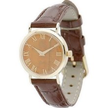 Vicence Ladies Gemstone Dial Watch w/ Leather Strap, 14K Gold - Tiger Eye - One Size