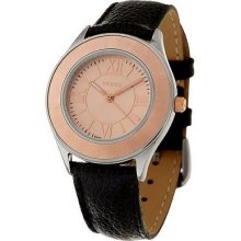 Vicence Round Satin Finish Bezel Black Leather Strap Watch, 14K - Rose - One Size