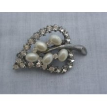 Vintage, C1940, Aluminum,rhinestones,pearls,leaf Pin