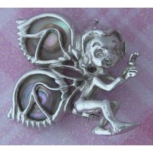 Vintage Figural Pixie Elf Fairy Pin Silvertone Abalone Wings