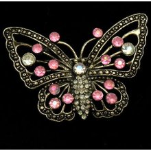 Vintage Gun Metal Faux Marcasite Pink Crystal Ab Rhinestone Butterfly Brooch