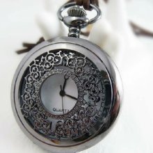 Vintage Retro Hollow Flower Pocket Watch Necklace Chain Pendant