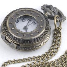Vtg Round Stars Brass Pocket Watch Quartz Necklace By 81stgeneration