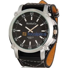 Water Resistant Quartz Movement Analog Watch with Faux Leather Strap (Black)