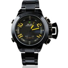 Weide Fashion Black Dial Yellow Letters Stainless Steel LCD Quartz Watch W0051 - Black - Stainless Steel