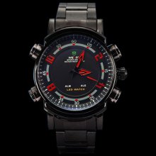 Weide Mens Fashion Black w/ Red Hand Stainless LED Mechanical Watch W0030 - Silver - Stainless Steel