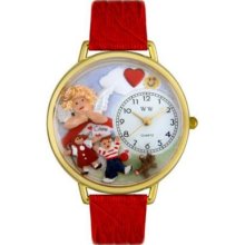 Whimsical Watches Mid-Size Day Care Teacher Quartz Movement Miniature Detail Red Leather Strap Watch