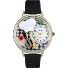 Whimsical Watches Mid-Size Chef Quartz Movement Miniature Detail Black Leather Strap Watch