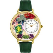 Whimsical Watches Mid-Size Frogs Quartz Movement Miniature Detail Green Leather Strap Watch