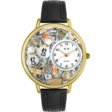 Whimsical Watches Mid-Size Banker Quartz Movement Miniature Detail Black Leather Strap Watch