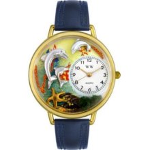 Whimsical Watches Mid-Size Dolphin Quartz Movement Miniature Detail Navy Leather Strap Watch