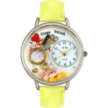 Whimsical Watches Mid-Size Cross Stitch Quartz Movement Miniature Detail Yellow Leather Strap Watch