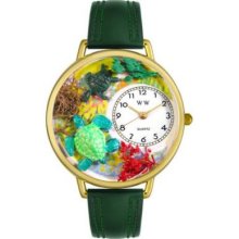 Whimsical Watches Mid-Size Turtles Quartz Movement Miniature Detail Green Leather Strap Watch