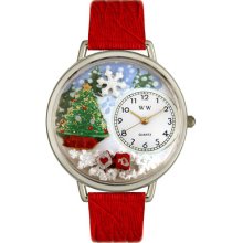 Whimsical Women's Christmas Tree Theme Red Leather Strap Watch