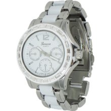 White & Silver Metal Watch W/ Clear Baguette Stones & Chronograph Look