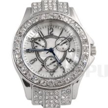 White Crystal Lady Quartz Wrist Watch Faux Leather Band