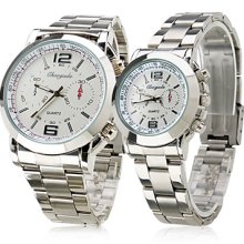 White Face Pair of Alloy Analog Quartz Couple's Watches (Silver)