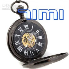 Wholesale Black Cooper Mechanical Skeleton Pocket Chain Watch