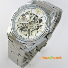 Winner White Fashion Hollow Dial S/steel Mens Automatic Mechanical Wrist Watch