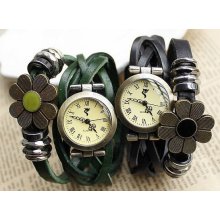 Women Leather Wrap Bracelet Watch with Sun Flower and Bead