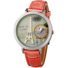 Women's Eiffel Tower Analog Watch with Faux Leather Strap (Pink)