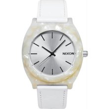 Women's Nixon Time Teller White Granite Case Silver Dial White Leather