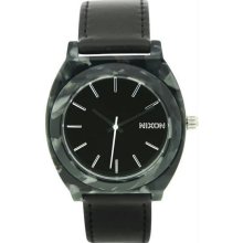 Women's Time Teller Plastic Resin Case Black Leather Strap Black Dial