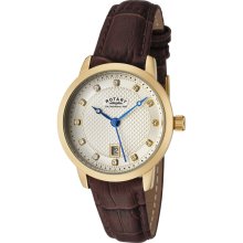 Women's White Swarovski Crystal Champagne Textured Dial Brown Leather