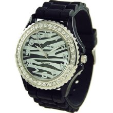 Zebra Print Mens Womens Geneva Silicone Jelly Rubber Watch With Crystals Bling